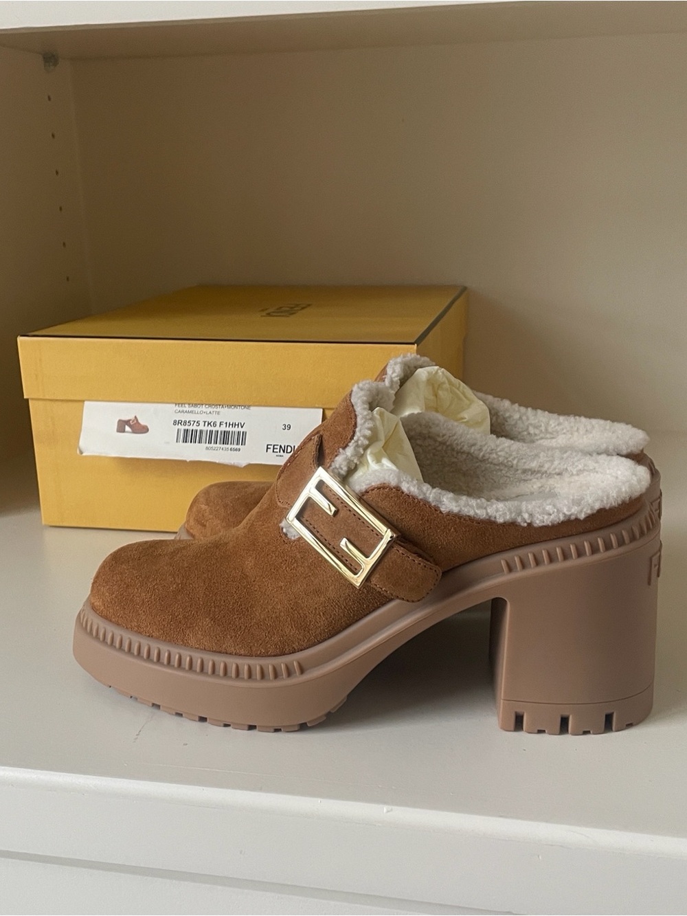 Fendi Tan Suede Shearling-Lined Clog Mules with Gold Buckle
